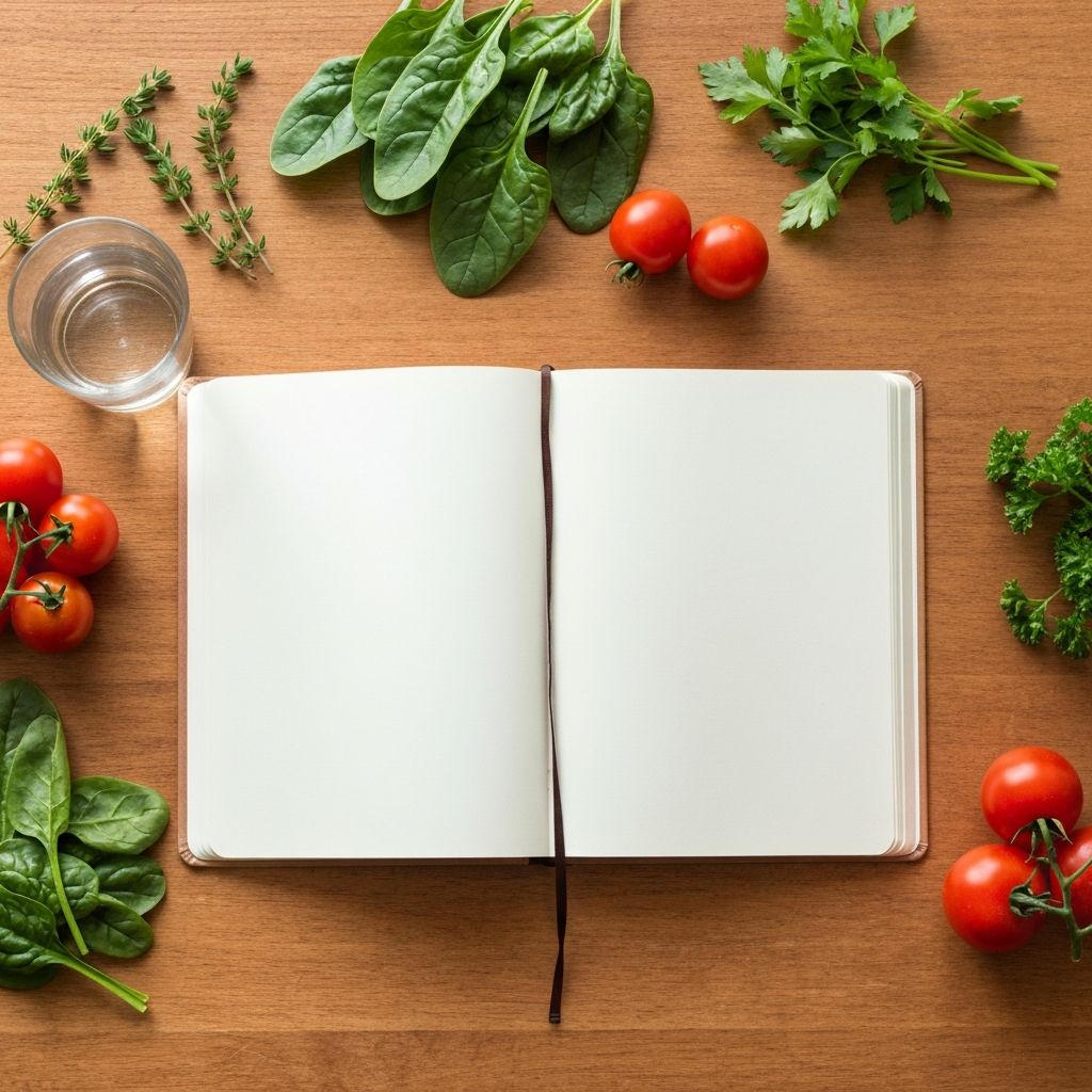 Notebook with fresh ingredients representing knowledge and nutrition